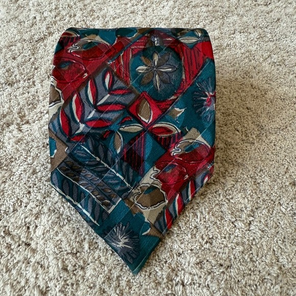 The Unbranded Brand Other - Vintage Abstract Floral Silk Tie Teal Red Geometric Handmade RN43170 3.5x59